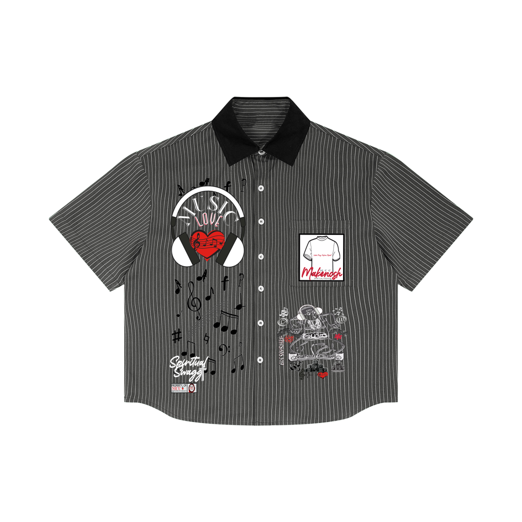 Music Is Love Unisex Striped Boxy Contrast Collar Shirt