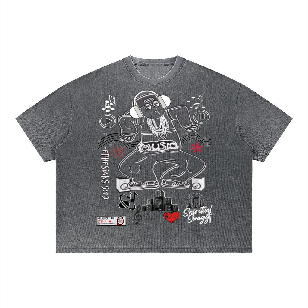 Music Is Love Unisex Vintage Wash Sunfade Boxy Waffle T-Shirt